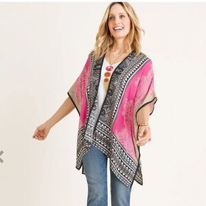 Chico's open-front paisley ruana wrap/cardigan Large/XL Pink Black Beige